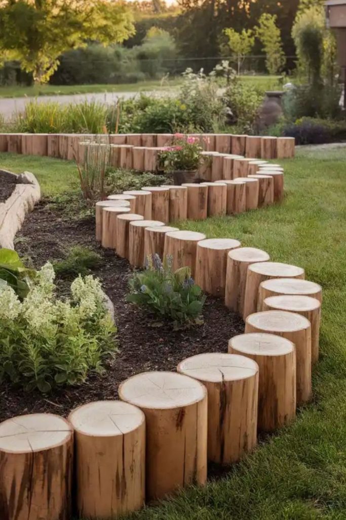 Rustic timber border flower beds