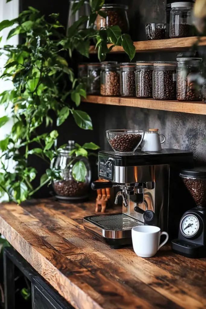 Cozy rustic timber coffee bar interior design.