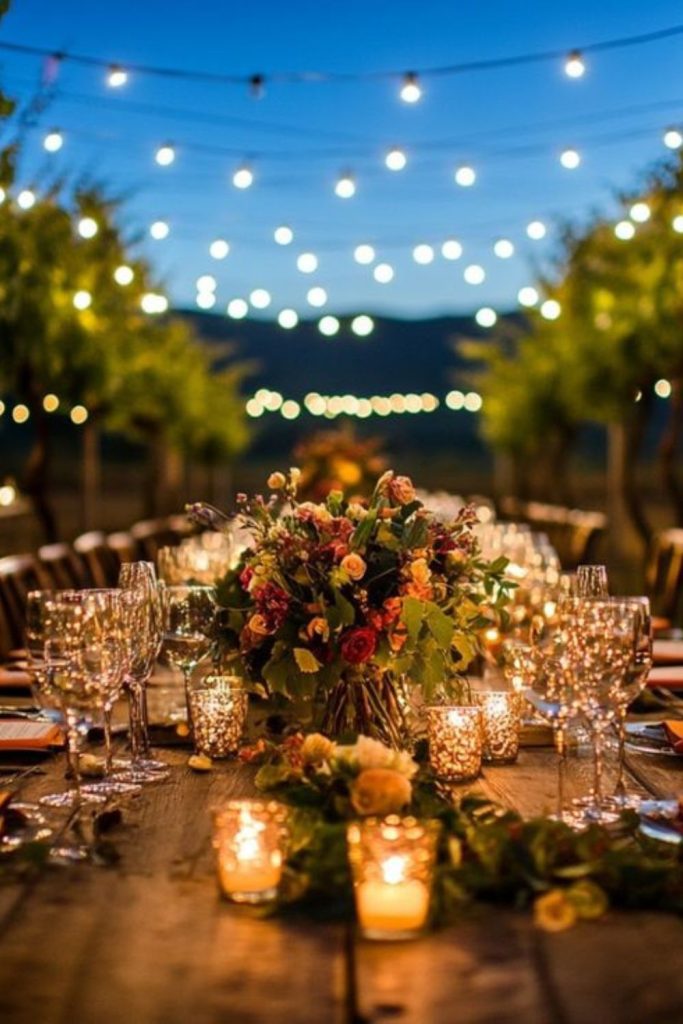 Rustic vineyard twilight gathering party
