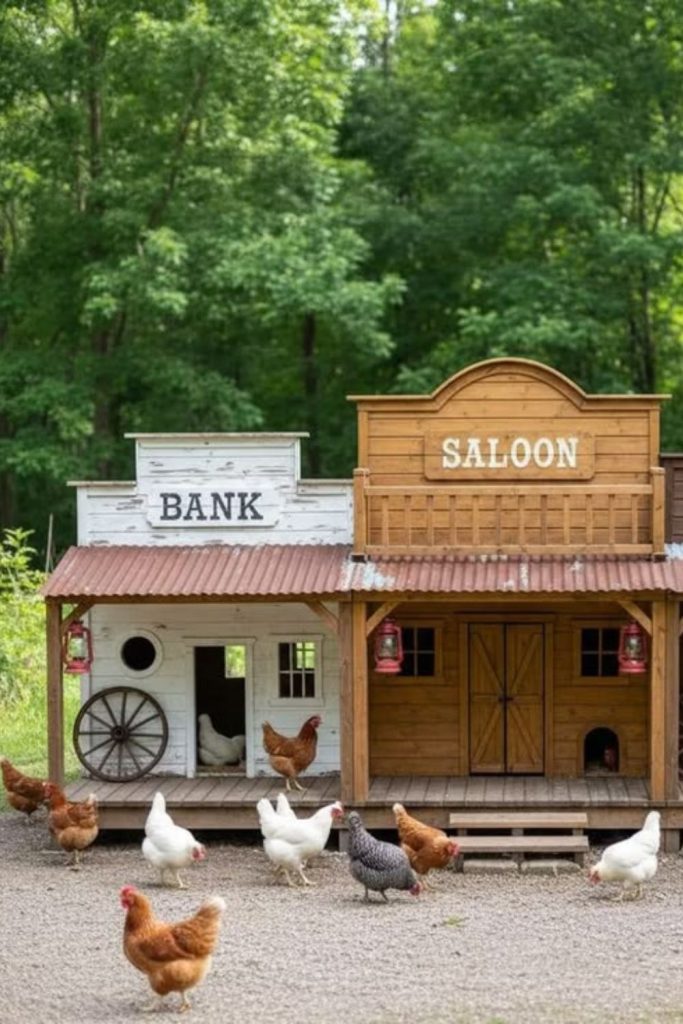 Wagon style rustic mobile chicken shelf coop