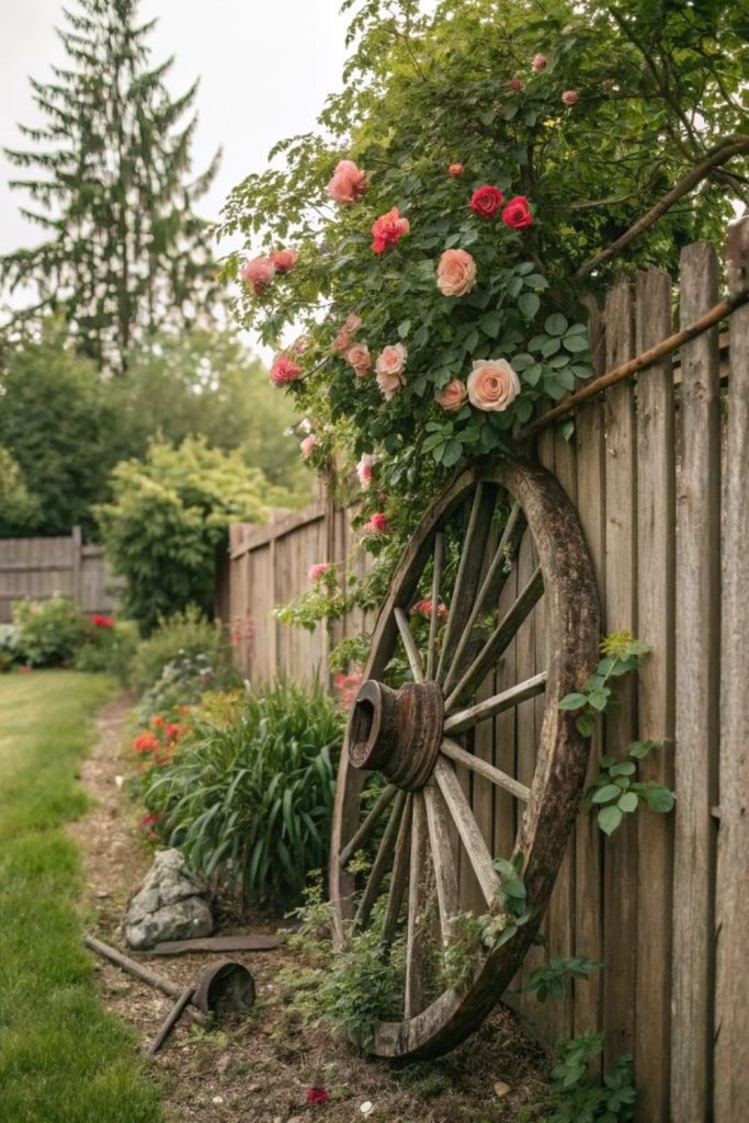 Rustic wagon wheel garden decor