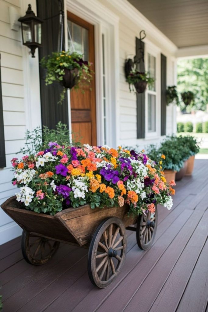Rustic wheelbarrow flower planter porch decor.