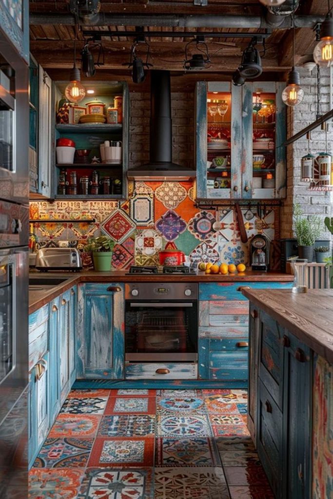 Rustic farmhouse kitchen with whimsical wooden textures.