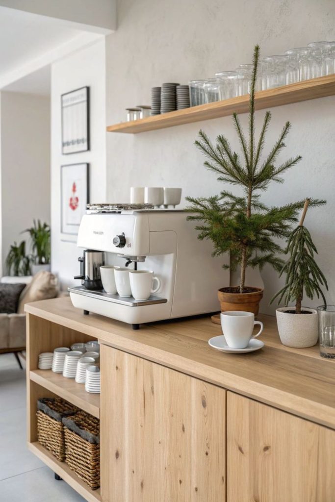 Scandinavian calm neutral toned coffee bar design.