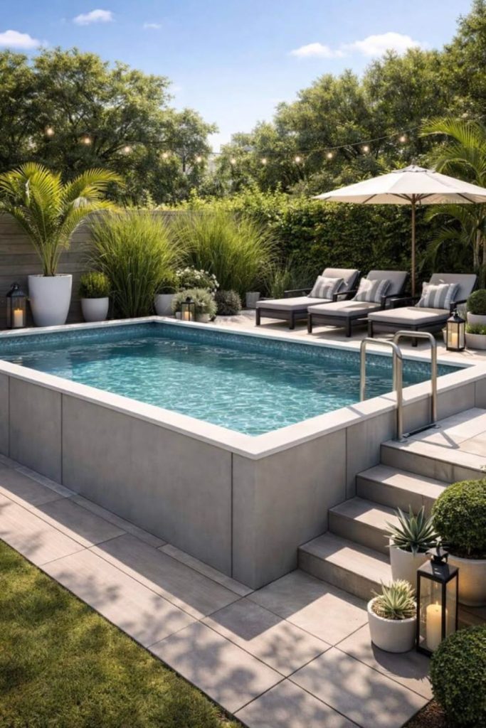 Scandinavian pool design, clean minimal light wood aesthetic.