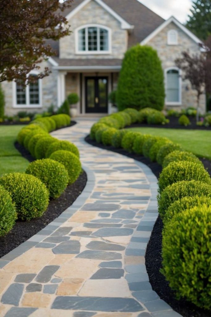 Boxwood geometric hedge front yard