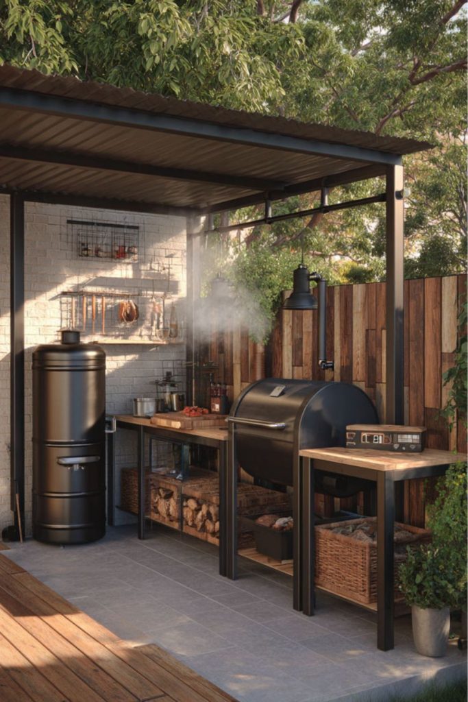 Shed side BBQ narrow grilling space.