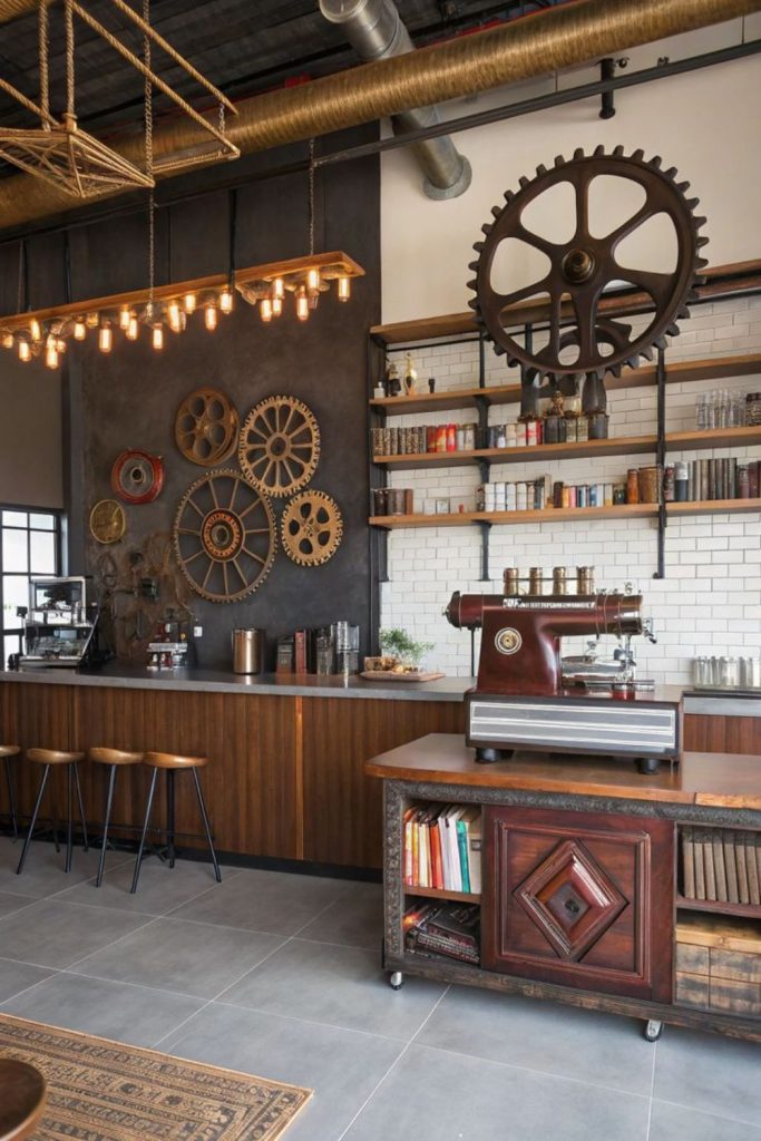 Steampunk mechanical vintage coffee lab aesthetic.
