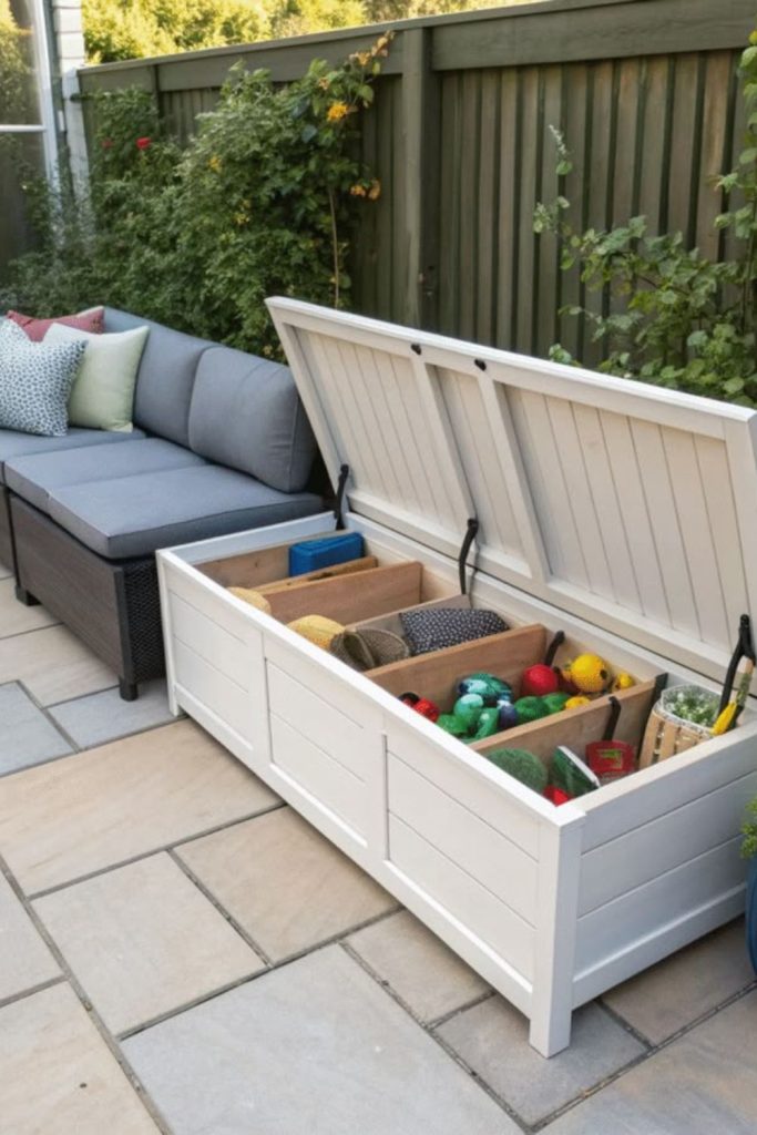 Stone bench hiding pool toy storage