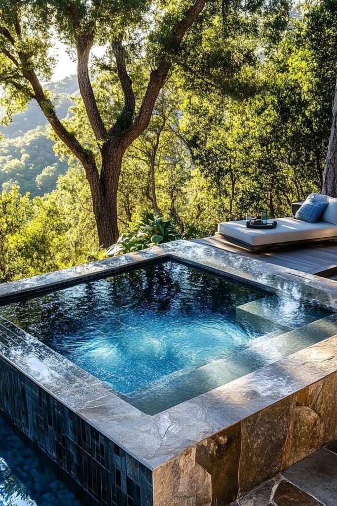 Stone fortress style pool, rugged bold outdoor statement.