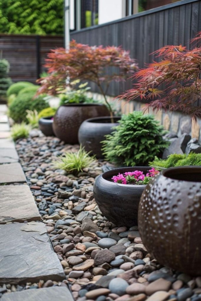 Rainbow gradient colorful flower pot lineup.