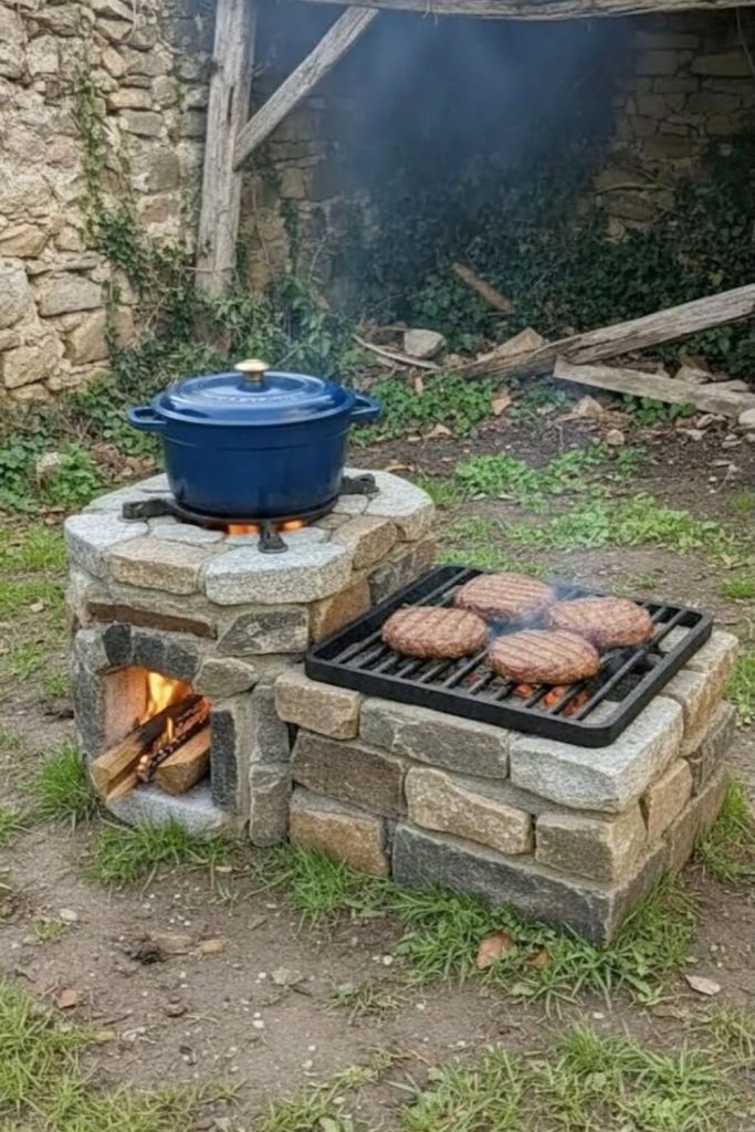 Stone ring rustic fire pit grill.