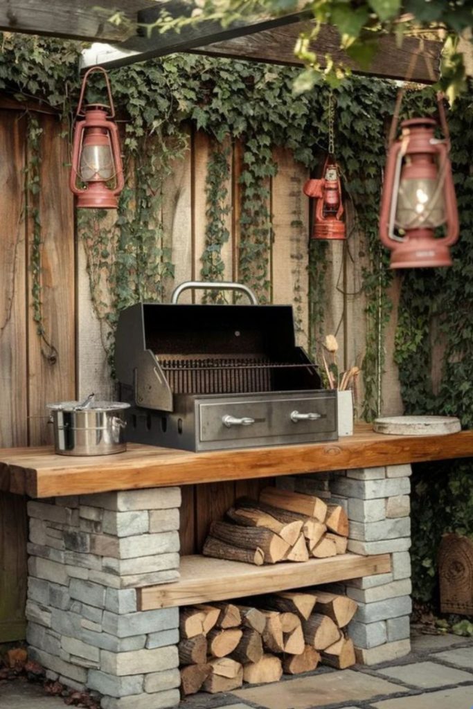 Stone slab rustic grill table.