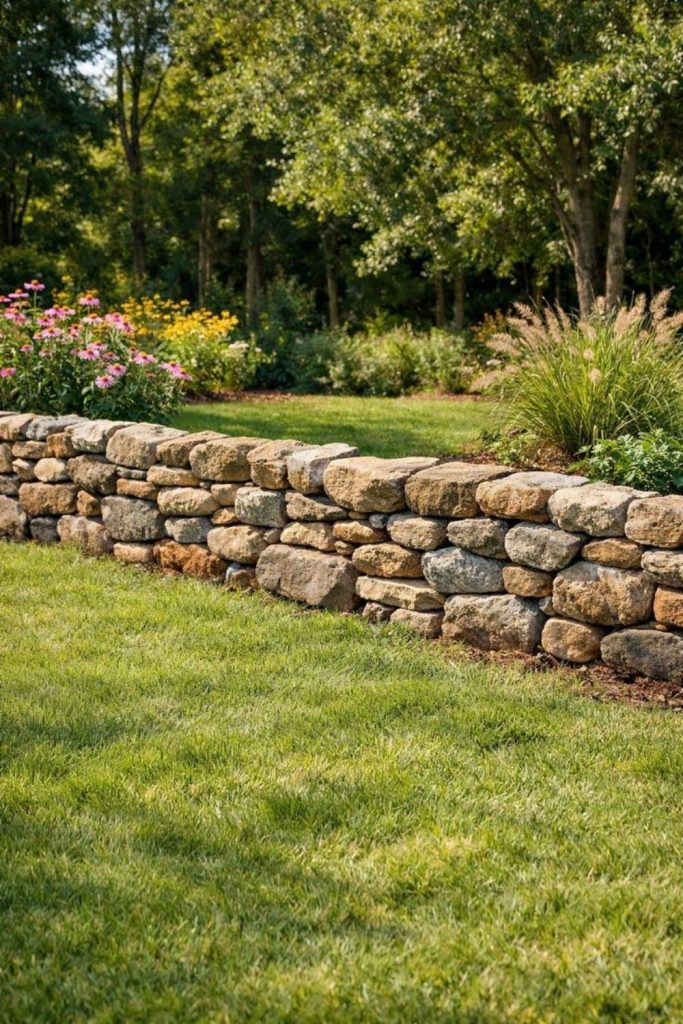 Natural stacked stone garden edge fence
