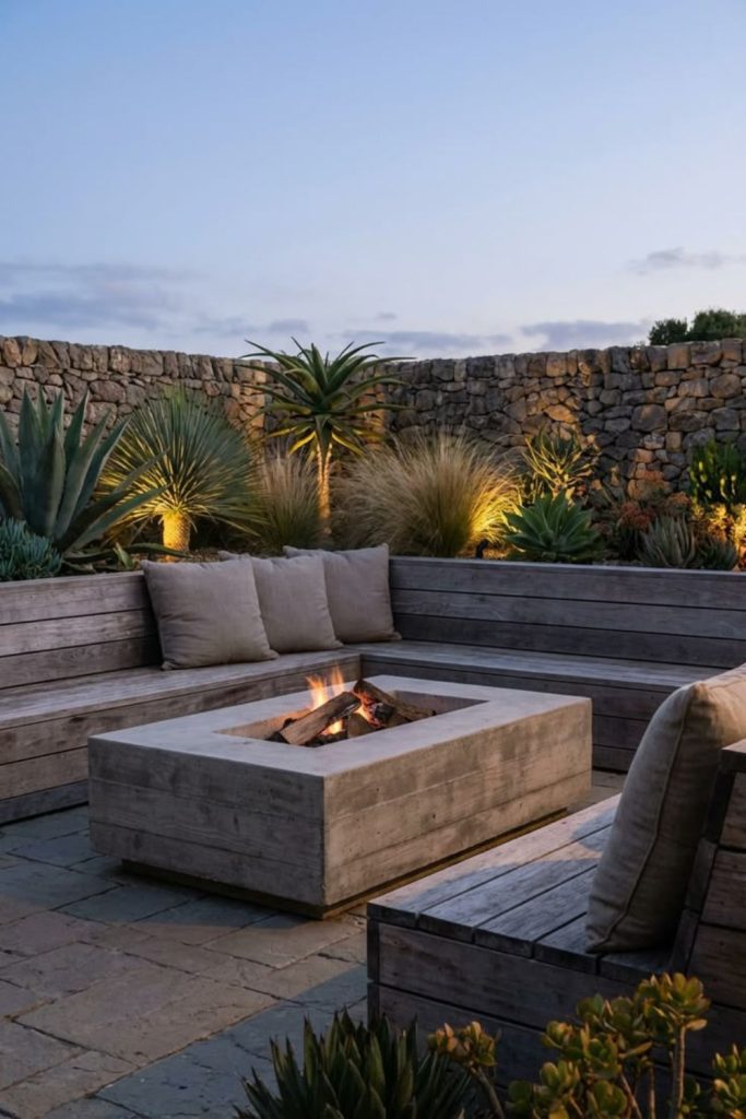 Stone wall enclosed fire pit alcove