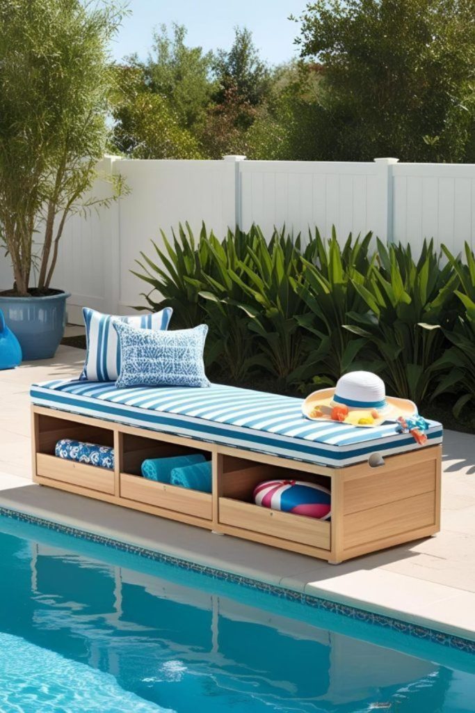 Storage bench concealing pool inflatables
