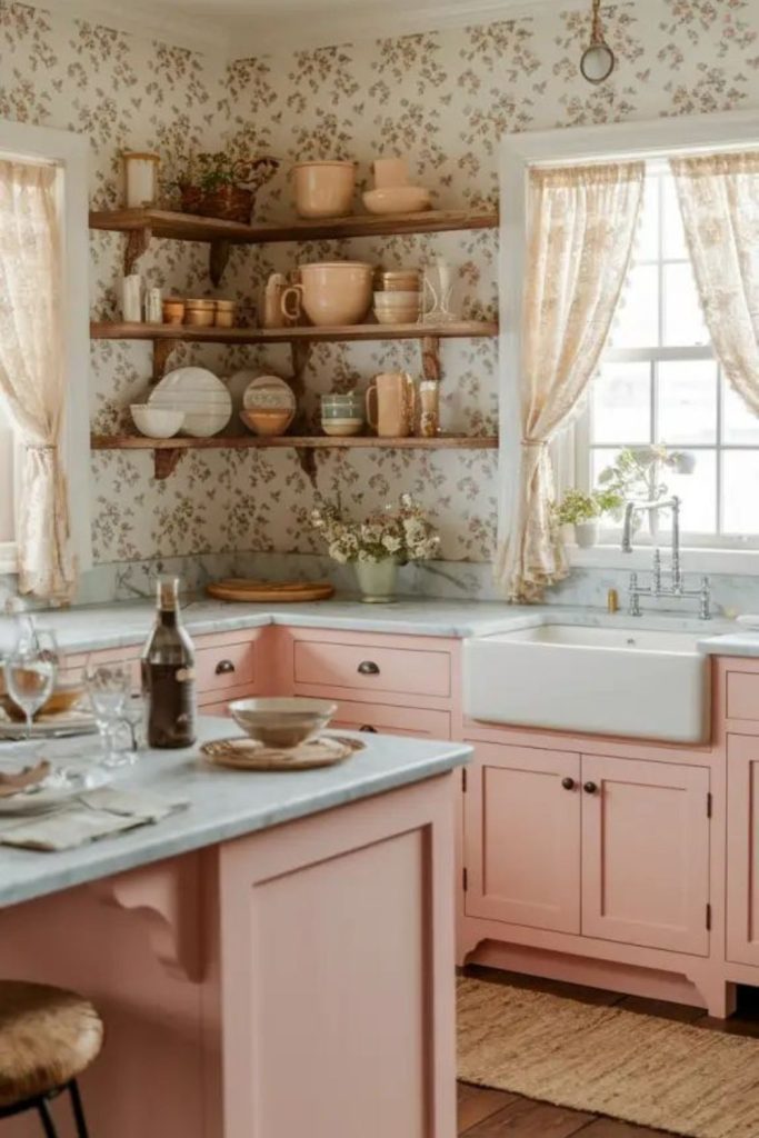 Storybook cottage kitchen with rustic floral charm.