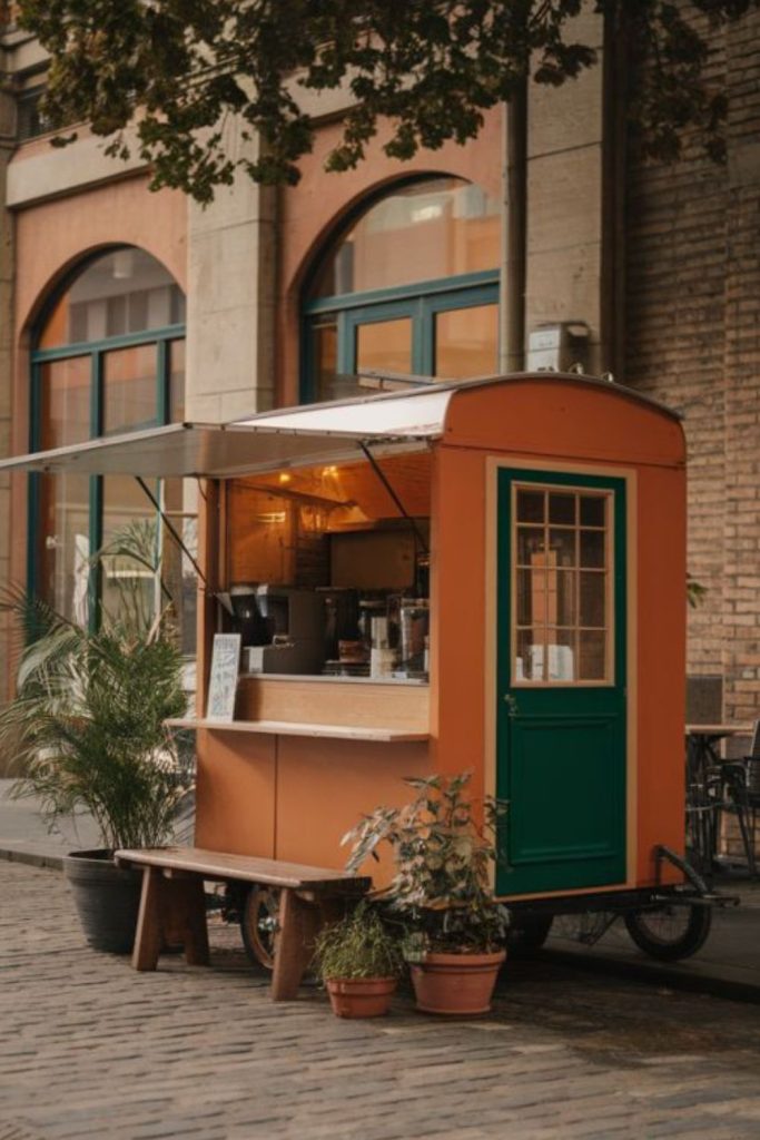 Street market lively portable coffee stall setup.
