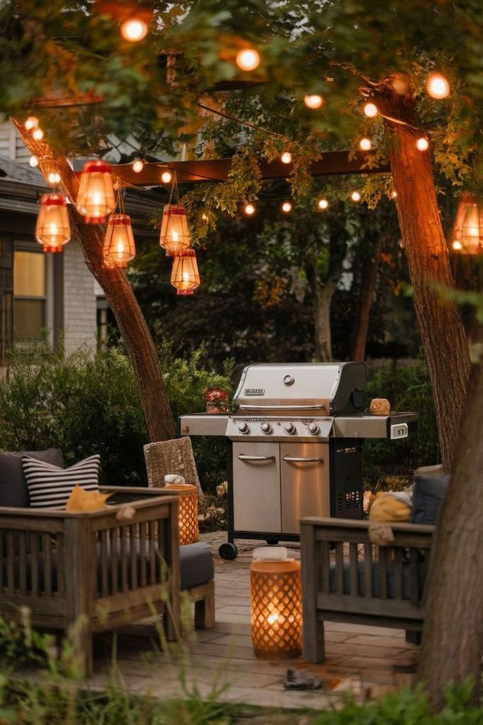 String light patio BBQ glowing ambiance.
