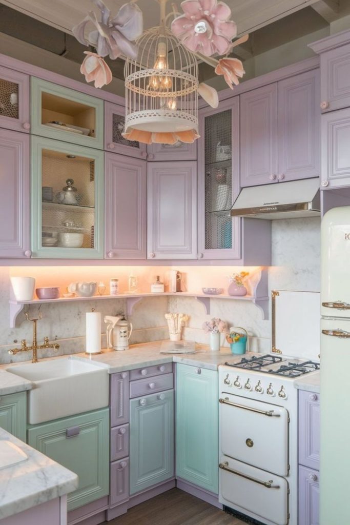 Pastel whimsical dreamy kitchen with soft hues.
