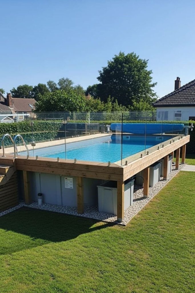 Sunken deck pool illusion, seamless wooden platform integration.
