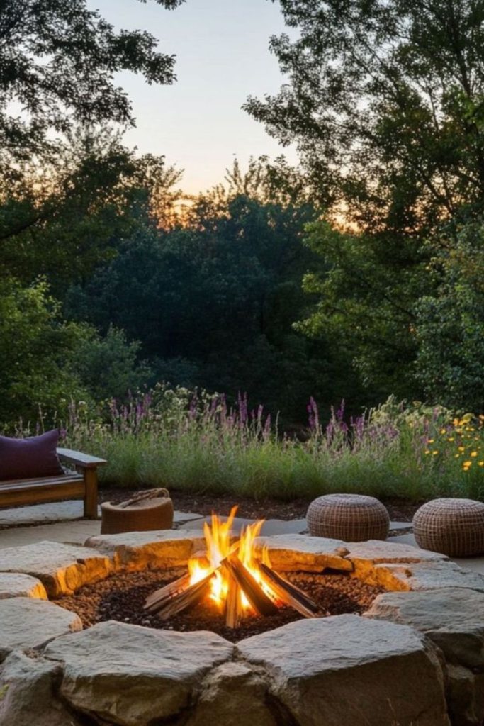 Sunken stone fire pit lounge area