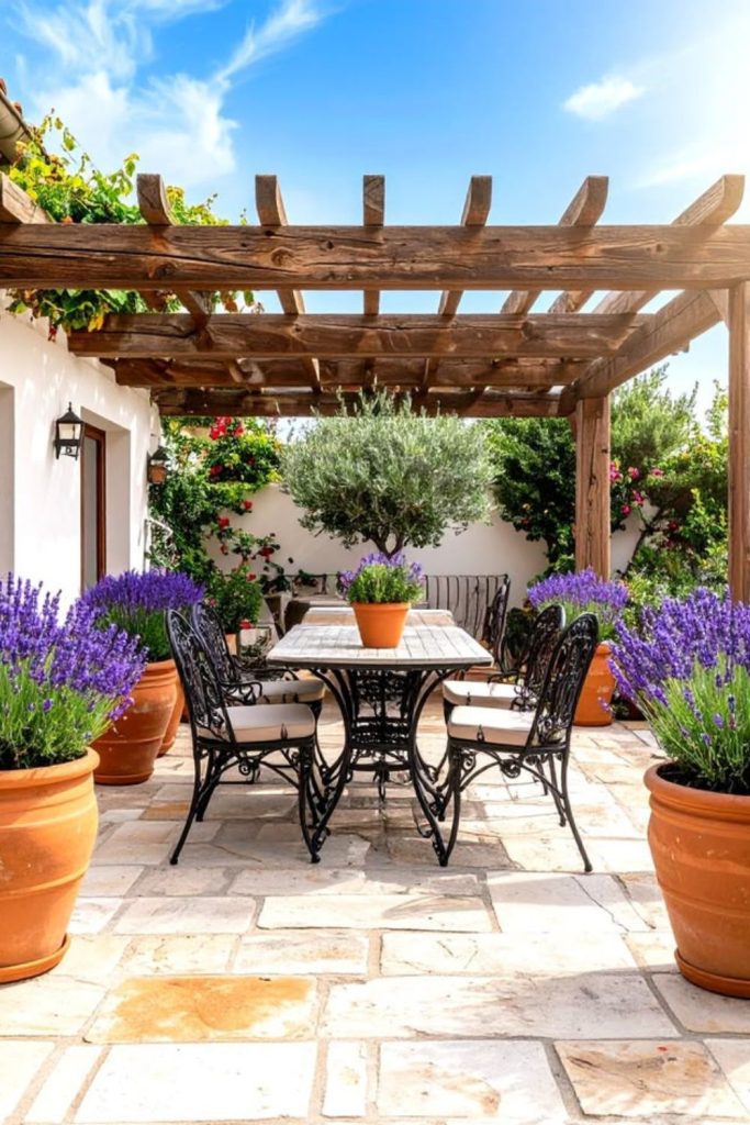Sunlit terracotta patio front yard