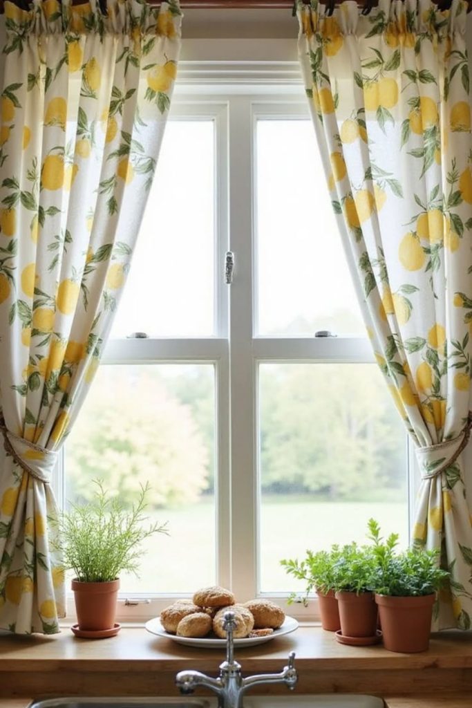 Lemon patterned curtains adding fresh kitchen window charm