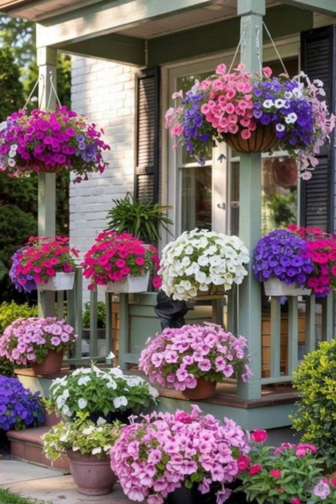 Symmetrical entryway matching flower pot design.