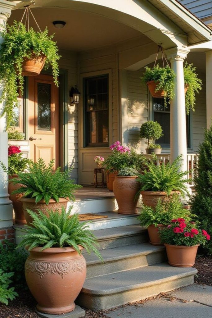 Classic terracotta row porch flower pots.