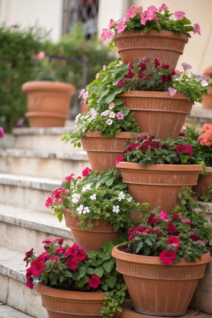 Terracotta tiered clay garden planter tower