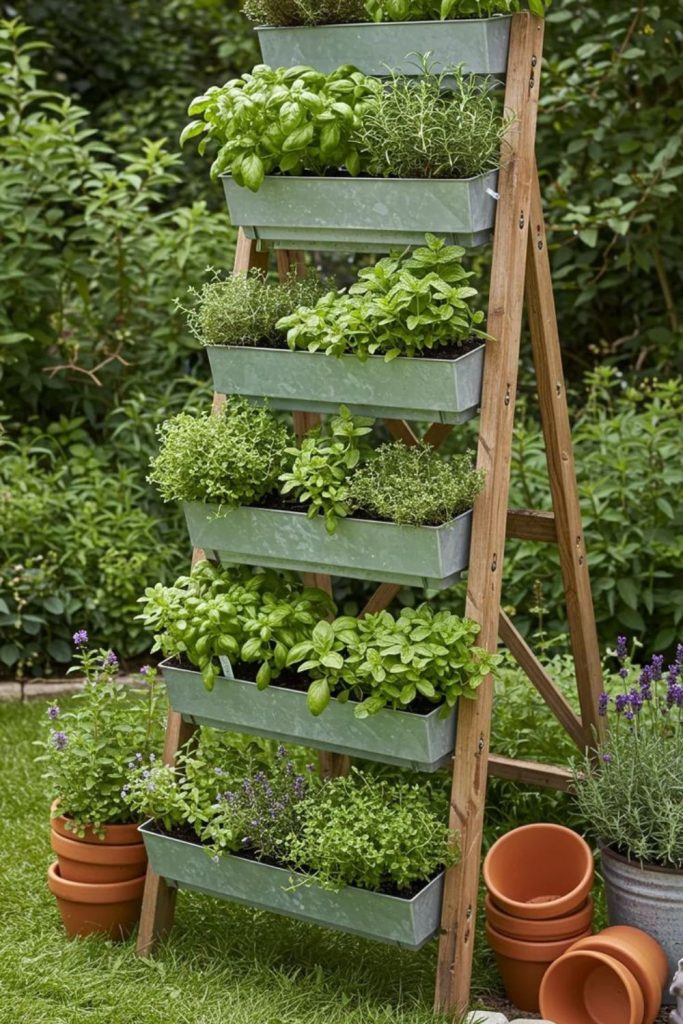 Tiered wooden herb ladder planter stand