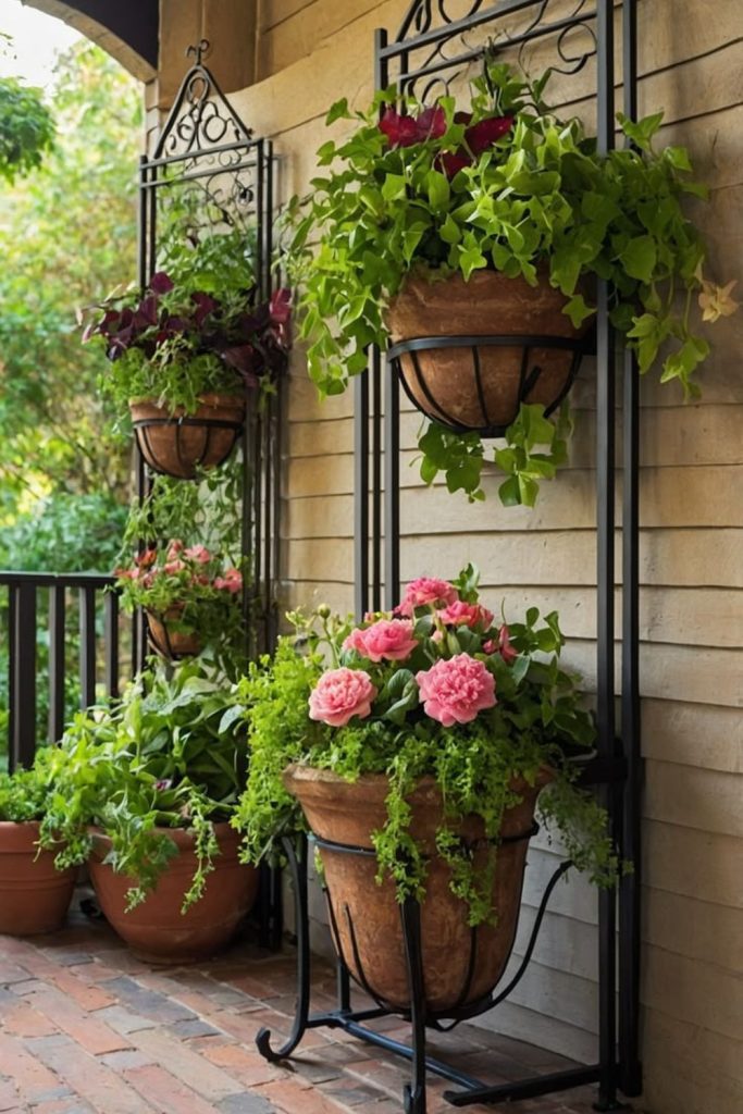 Tiered metal stand elegant flower pots.