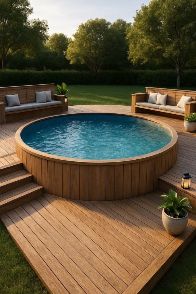 Rustic timber above ground pool design, cozy natural vibe.