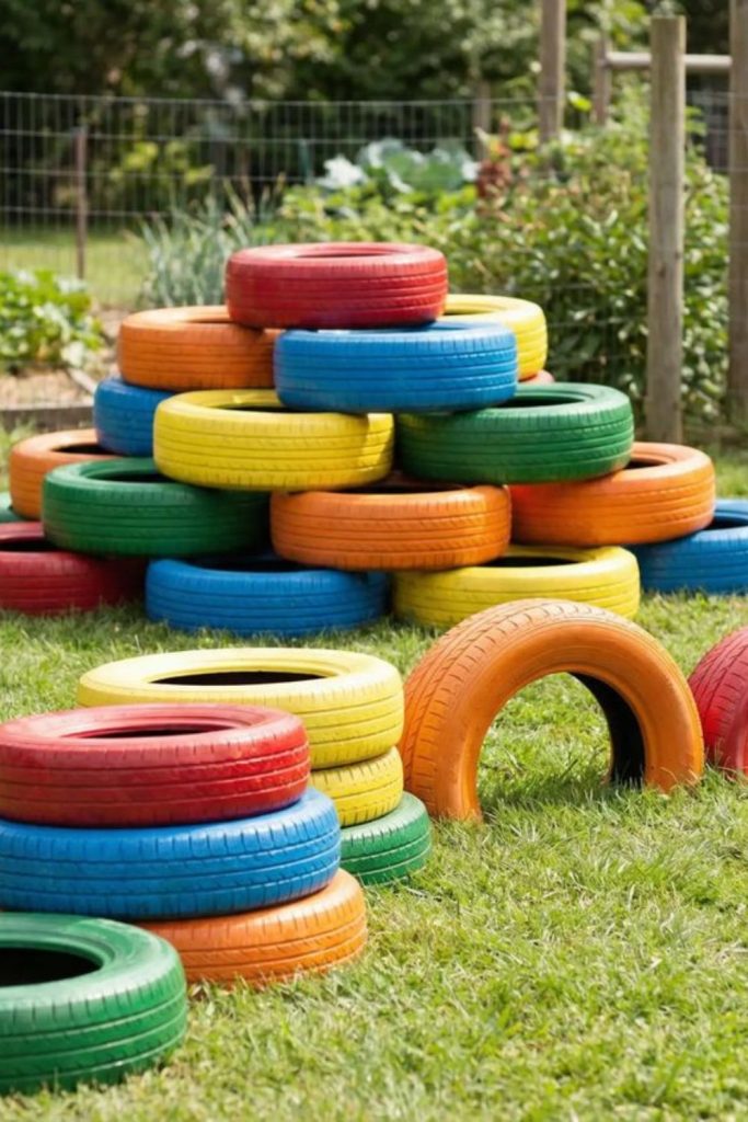 Tire stack jumping playground for active kids.