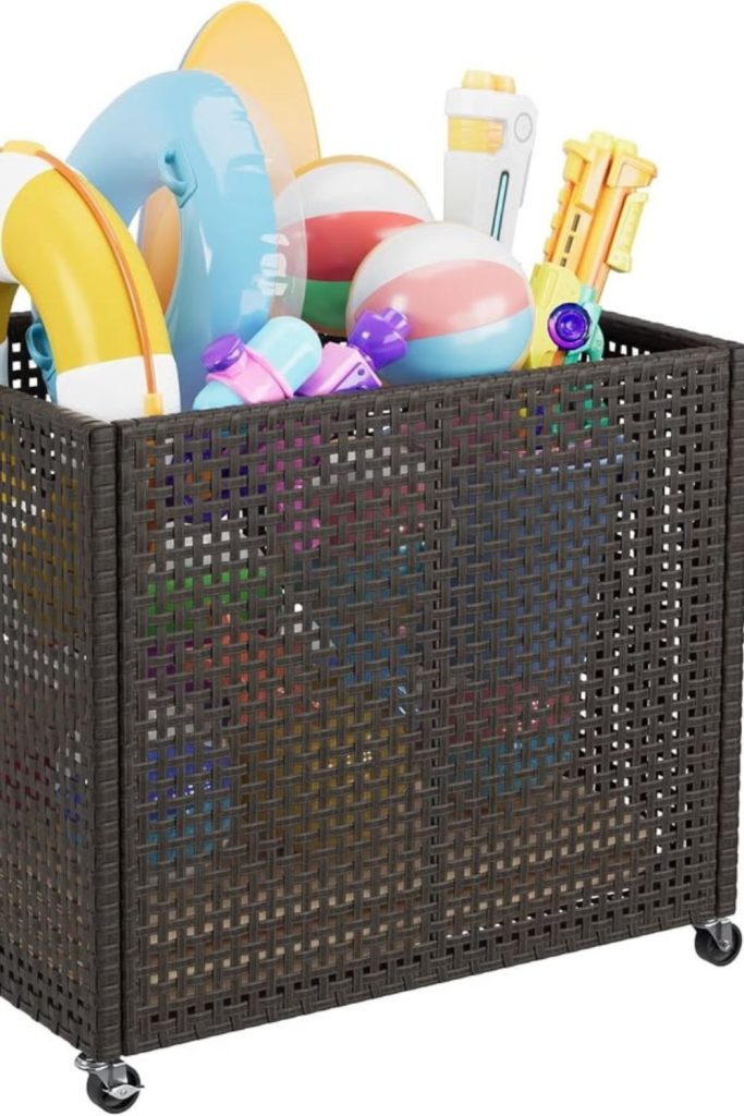 Trash can storing inflatable pool toys