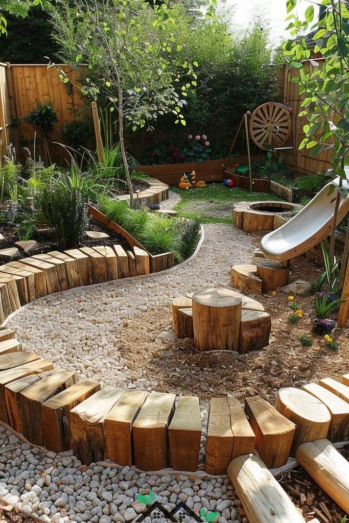 Tree stump jumping natural play elements setup.