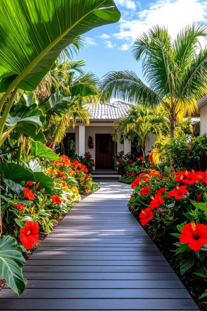 Tropical lush green front entrance