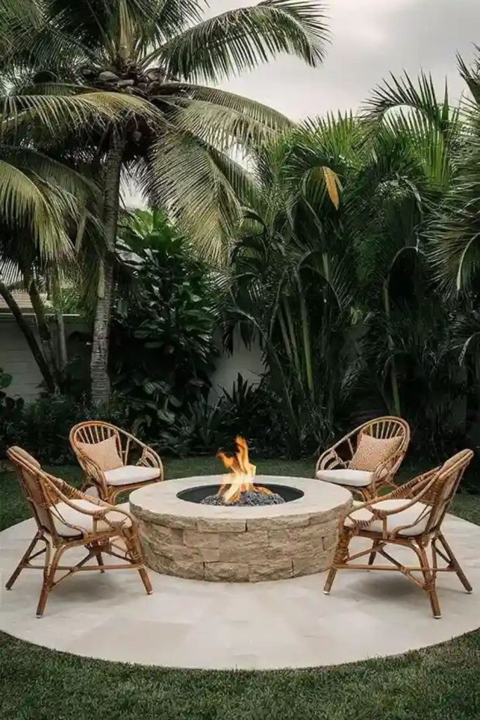 Tropical palm backyard fire pit corner