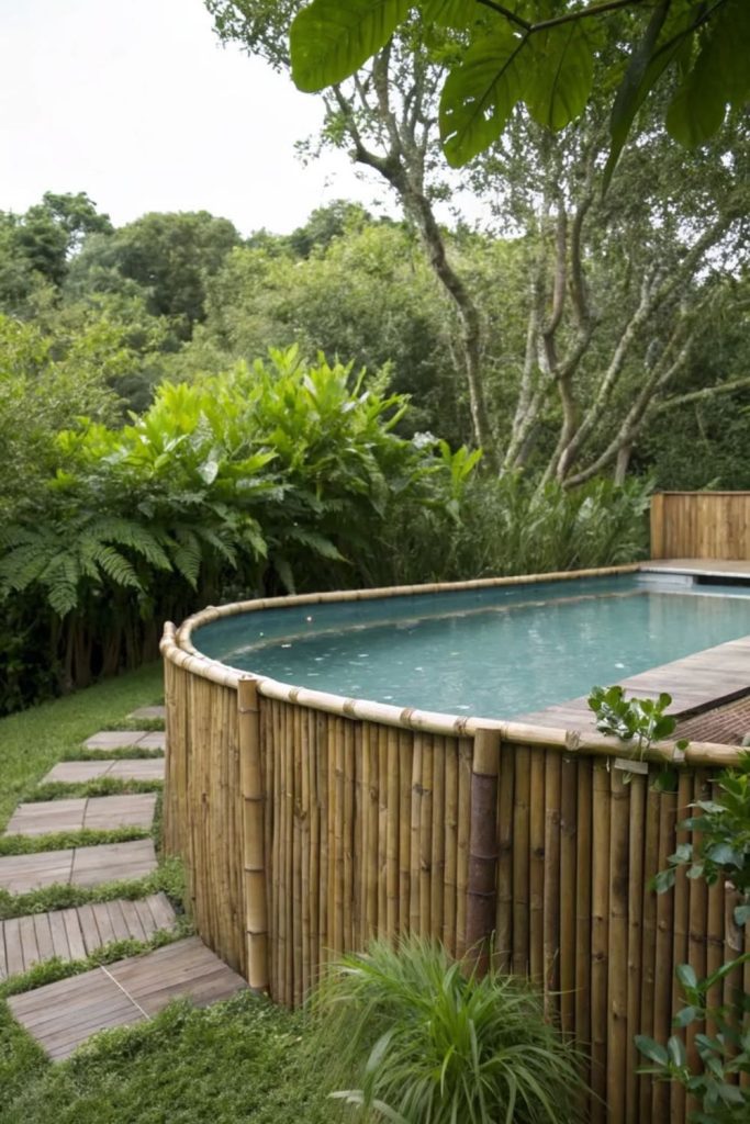 Tropical palm surrounded pool, vibrant island backyard escape.