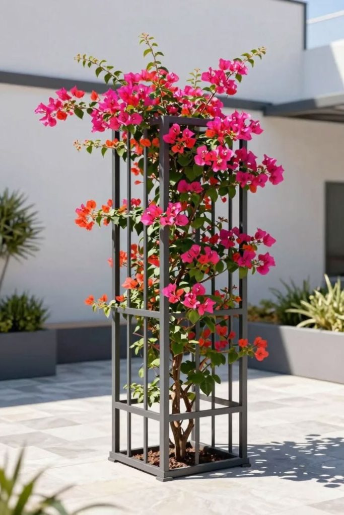 Twisted steel vine climbing planter frame