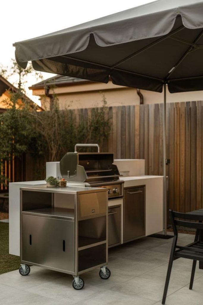 Umbrella shade grill sunny backyard comfort.