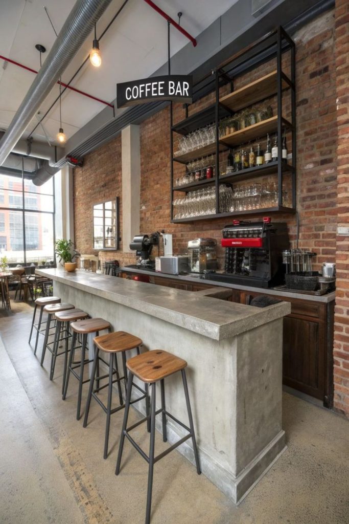 Industrial concrete coffee bar urban edgy vibe.