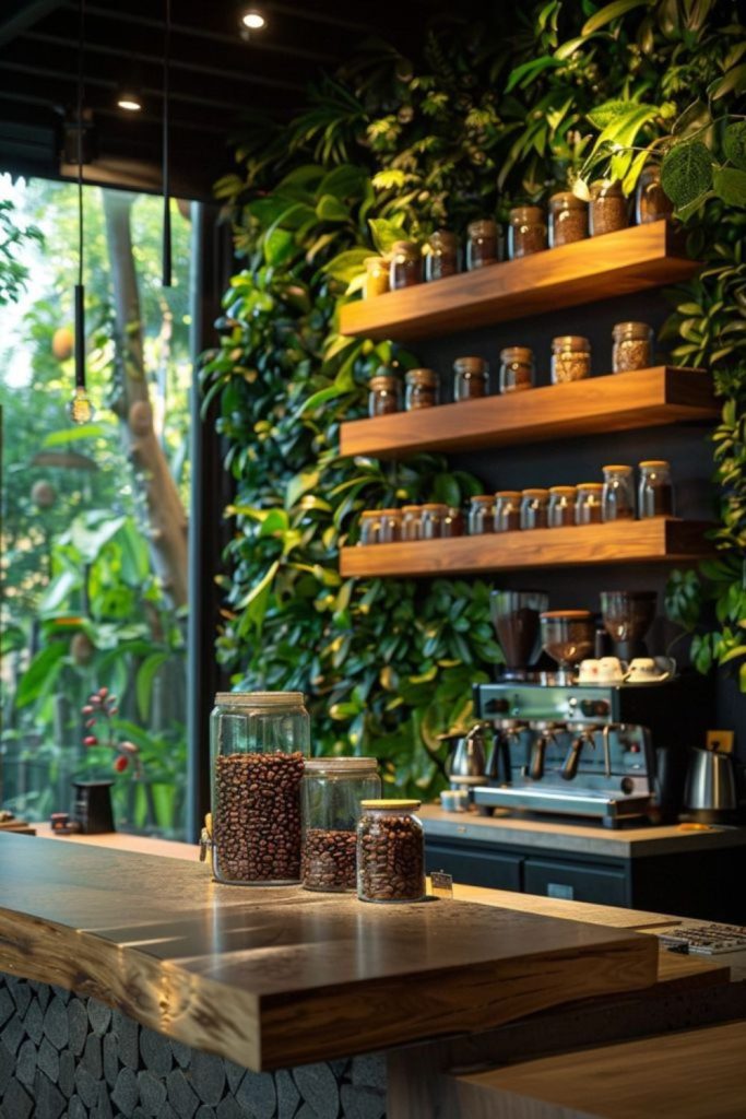 Urban jungle greenery filled coffee hub interior.