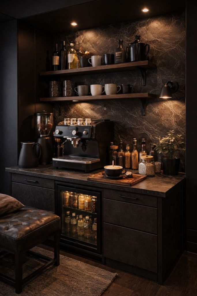 Moody velvet espresso bar with amber lighting glow.