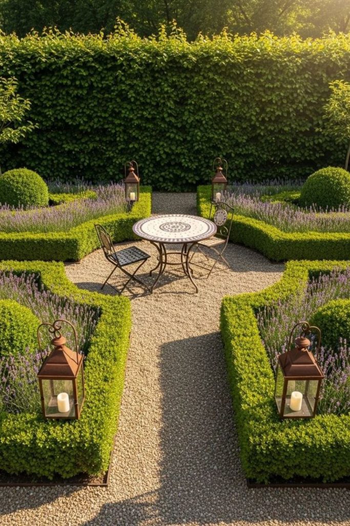 Elegant French symmetry formal gravel garden layout