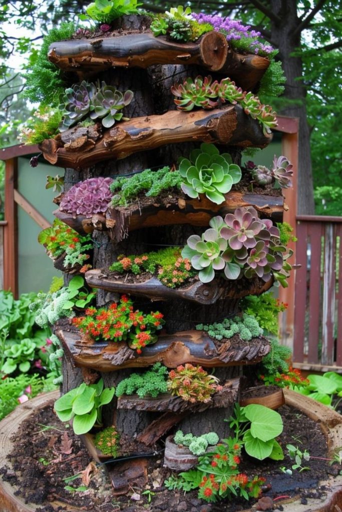 Vertical log slice rustic planter stack
