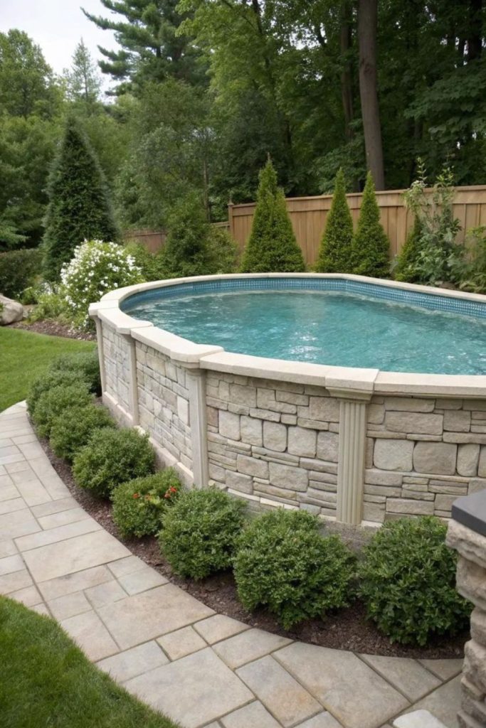 Brick framed pool, vintage rustic timeless backyard charm.