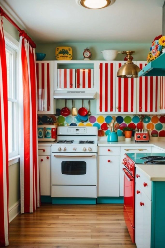 Vintage circus kitchen with bold playful stripes.