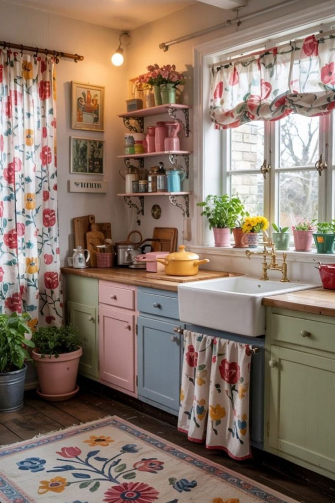 Vintage floral kitchen with cozy nostalgic charm.